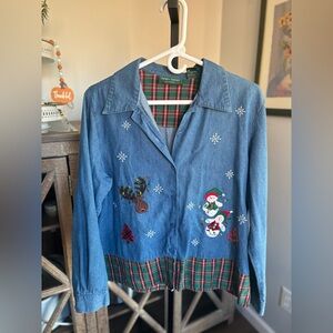 VINTAGE CHRISTMAS LEMON GRASS STUDIOS  DENIM EMBROIDERED SNOWMAN HOLIDAY TOP